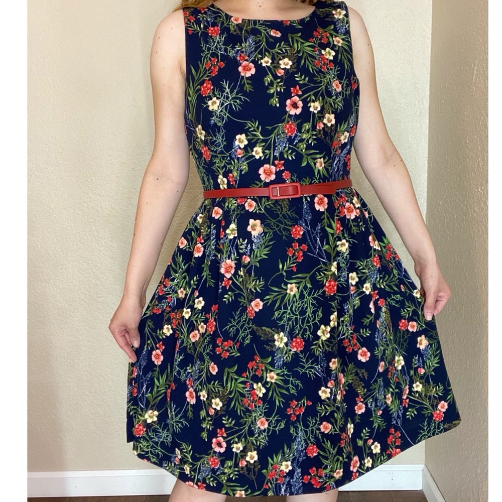 Floral Navy Fit-and-Flare Dress with Red Belt